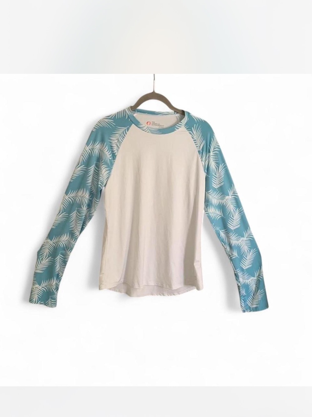 Womens Long Sleeve Raglan Shirt - Cream Body with Teal Leaf-Print Sleeves